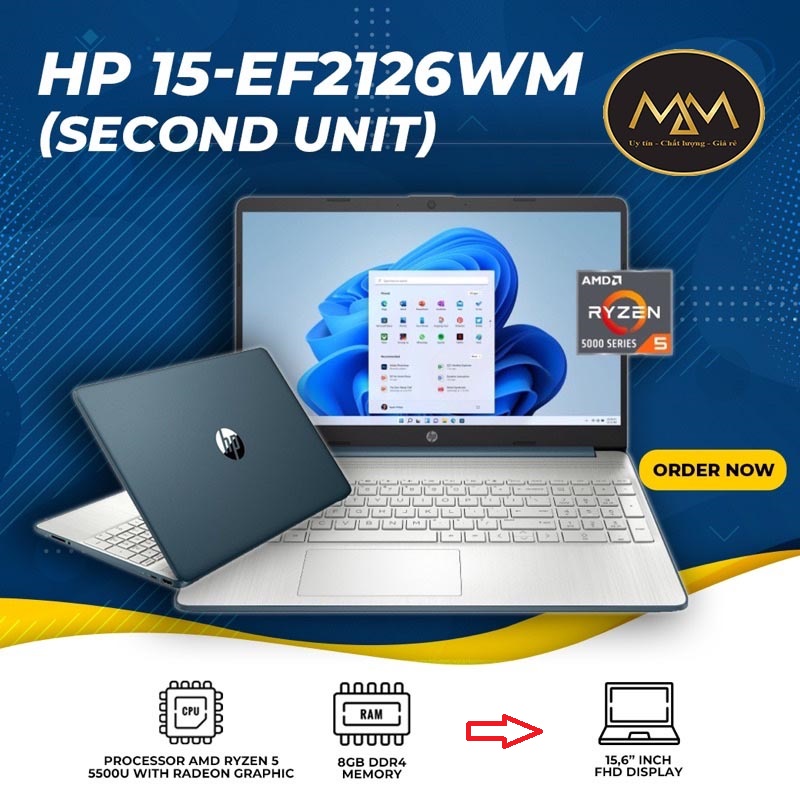 Laptop HP 15 - EF/ Ryzen 5 5500 12 CPUS/ 8G/ SSD256/ Full HD/ Vga AMD Radeon/ NEW 100%/ Full Box